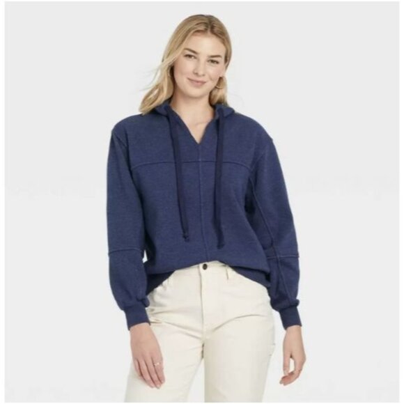 Universal Thread Women’s Patchwork Hooded Sweatshirt Blue M - Picture 1 of 3